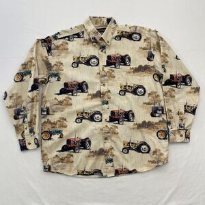 Bit & Bridle Button Down Western Shirt AOP Tractor Print Mens XL Rodeo Country